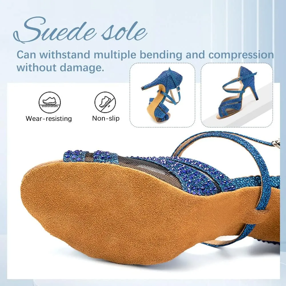DKZSYIM Women Rhinestone Latin Ballroom Dance Shoes Bachata Salsa Practice Performance Dance Shoes,Model QJW1025