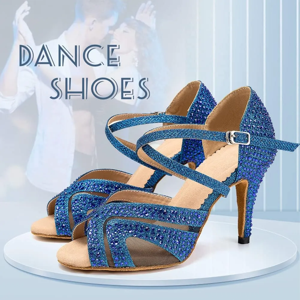 DKZSYIM Women Rhinestone Latin Ballroom Dance Shoes Bachata Salsa Practice Performance Dance Shoes,Model QJW1025