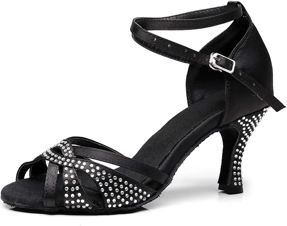 DKZSYIM Women Rhinestone Latin Ballroom Dance Shoes Bachata Salsa Practice Performance Dance Shoes,Model QJW7132