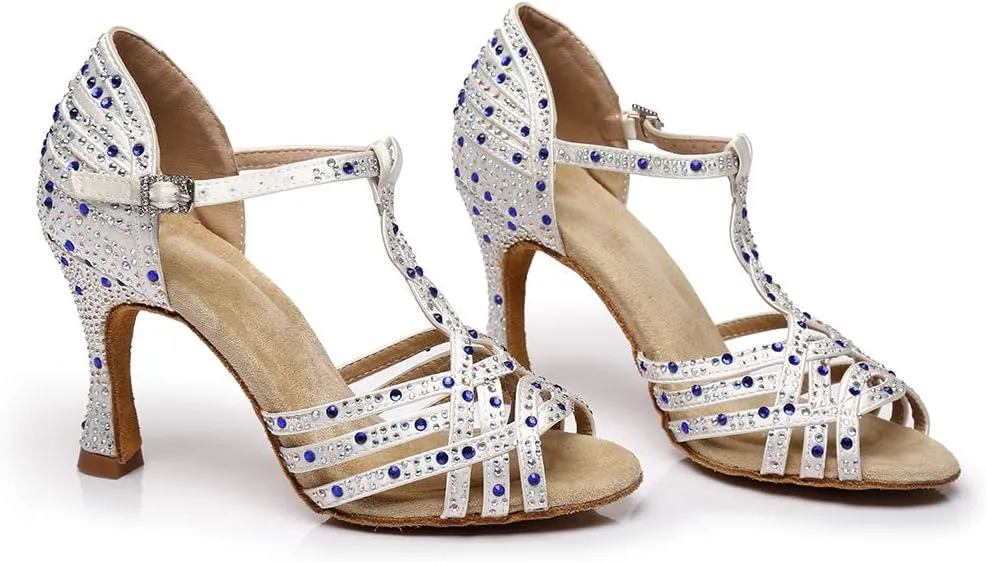 DKZSYIM Women's Latin Dance Shoes Ballroom Performance Salsa Rhinestone Dance Shoes,Model YCL404