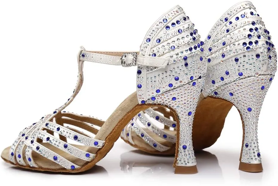 DKZSYIM Women's Latin Dance Shoes Ballroom Performance Salsa Rhinestone Dance Shoes,Model YCL404