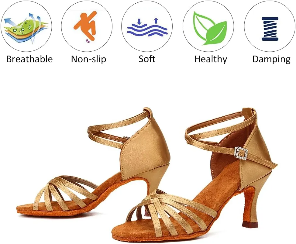 DKZSYIM Women's Satin Latin Dance Shoes Professional Ballroom Salsa Practice Performance Dancing Shoes,Model 213
