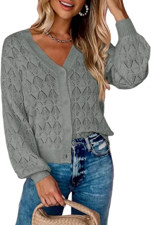 Dokotoo Cropped Cardigan Sweaters for Women Long Sleeve Crochet Knit Shrug Open Front V-Neck Button up Tops