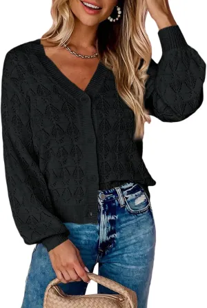 Dokotoo Cropped Cardigan Sweaters for Women Long Sleeve Crochet Knit Shrug Open Front V-Neck Button up Tops