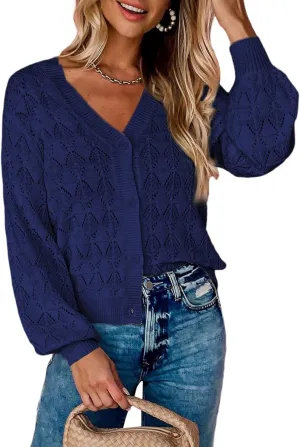 Dokotoo Cropped Cardigan Sweaters for Women Long Sleeve Crochet Knit Shrug Open Front V-Neck Button up Tops