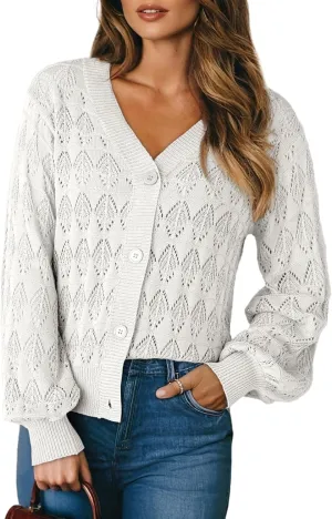 Dokotoo Cropped Cardigan Sweaters for Women Long Sleeve Crochet Knit Shrug Open Front V-Neck Button up Tops