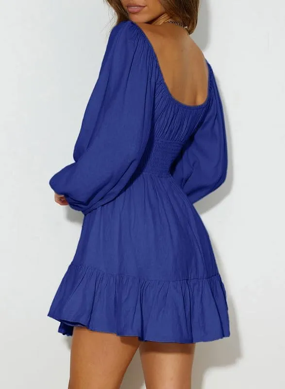 Dokotoo Womens Dresses Square Neck Long Puff Sleeve Elastic Waist A-Line Casual Mini Dress