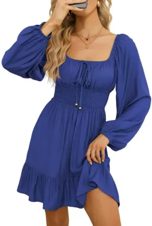 Dokotoo Womens Dresses Square Neck Long Puff Sleeve Elastic Waist A-Line Casual Mini Dress