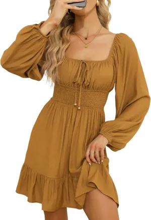 Dokotoo Womens Dresses Square Neck Long Puff Sleeve Elastic Waist A-Line Casual Mini Dress