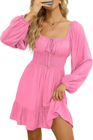 Dokotoo Womens Dresses Square Neck Long Puff Sleeve Elastic Waist A-Line Casual Mini Dress