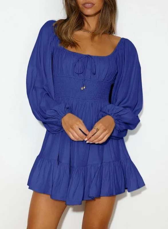 Dokotoo Womens Dresses Square Neck Long Puff Sleeve Elastic Waist A-Line Casual Mini Dress