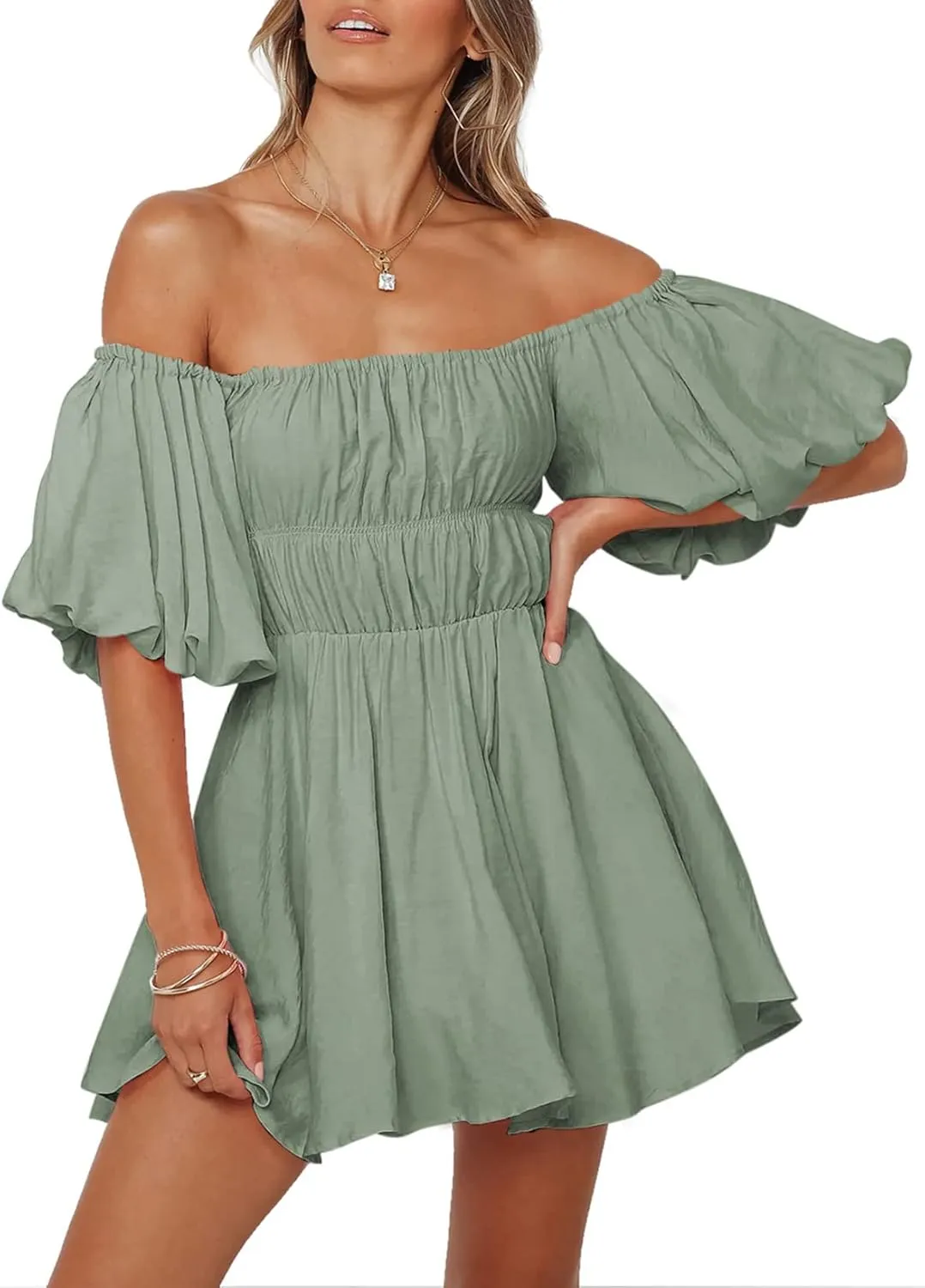 Dokotoo Womens Off The Shoulder Summer Dresses 2025 Short Lantern Sleeve Ruffle Elastic Waist A-Line Casual Mini Dress