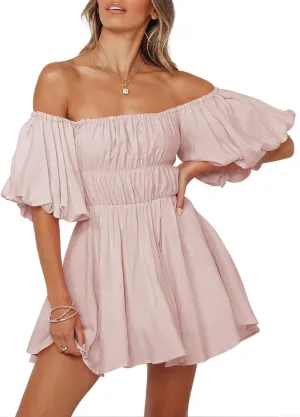 Dokotoo Womens Off The Shoulder Summer Dresses 2025 Short Lantern Sleeve Ruffle Elastic Waist A-Line Casual Mini Dress