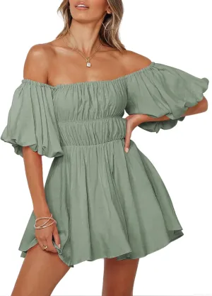 Dokotoo Womens Off The Shoulder Summer Dresses 2025 Short Lantern Sleeve Ruffle Elastic Waist A-Line Casual Mini Dress