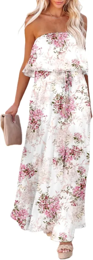Dokotoo Womens Strapless Dresses Casual Summer High Waist Side Split Flowy Boho Maxi Dress
