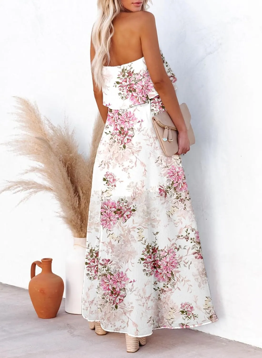 Dokotoo Womens Strapless Dresses Casual Summer High Waist Side Split Flowy Boho Maxi Dress
