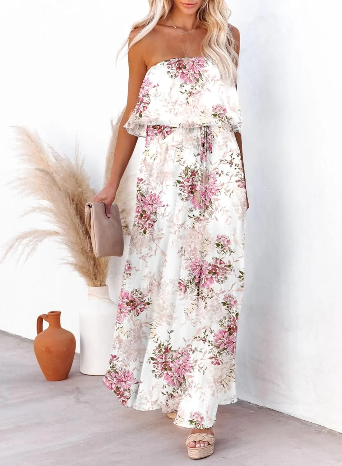 Dokotoo Womens Strapless Dresses Casual Summer High Waist Side Split Flowy Boho Maxi Dress