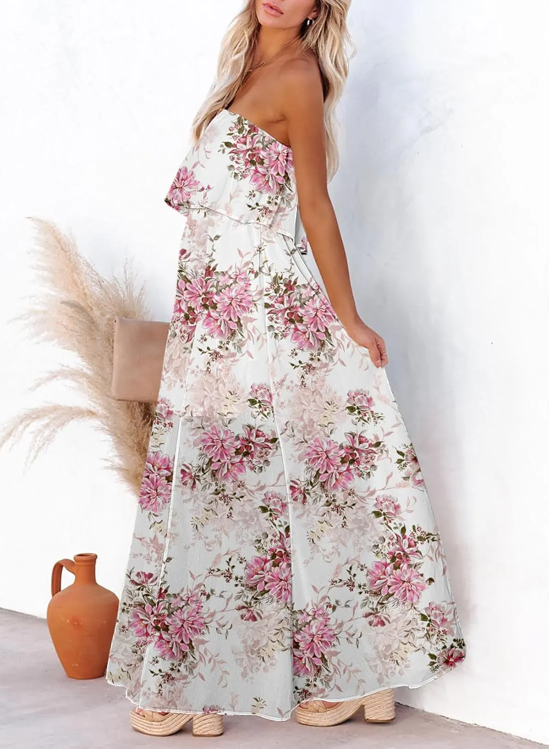 Dokotoo Womens Strapless Dresses Casual Summer High Waist Side Split Flowy Boho Maxi Dress