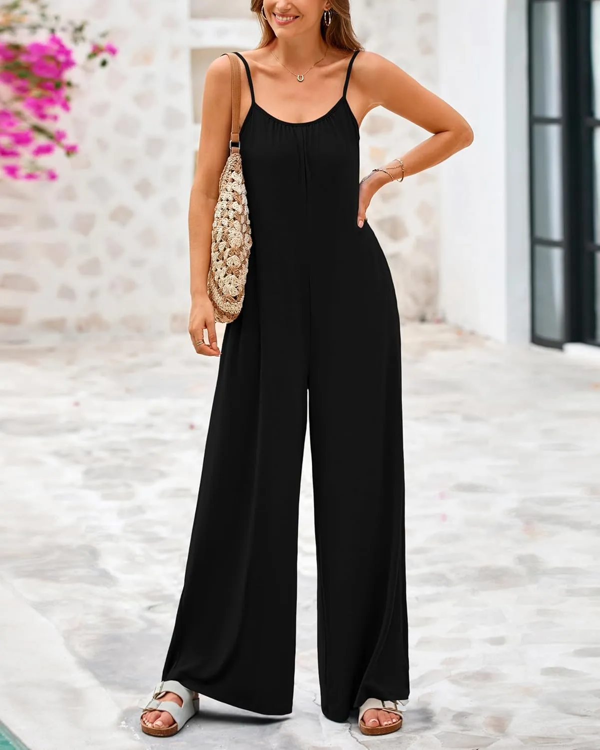 dowerme Women's Summer Clothes Casual One Piece Jumpsuits 2025 Spaghetti Strap Loose Wide Leg Pant Rompers Beach Outfits