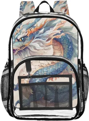 Dragon Blue Clear Backpack with Back Print, Heavy Duty See Through Backpacks PVC Transparent Daypack for Travel Security