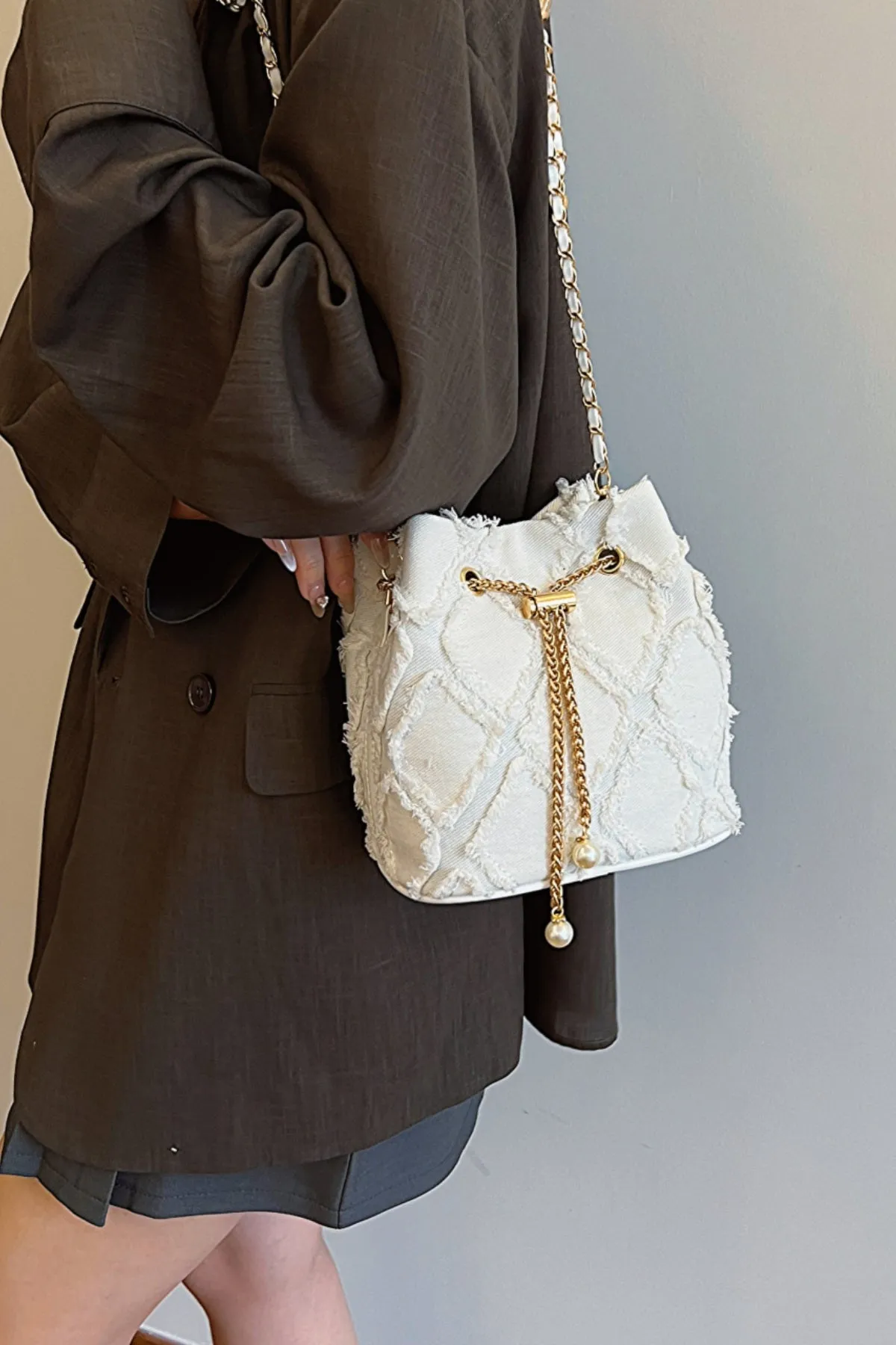 Drawstring Chain Denim Bucket Bag- 4 Color Options