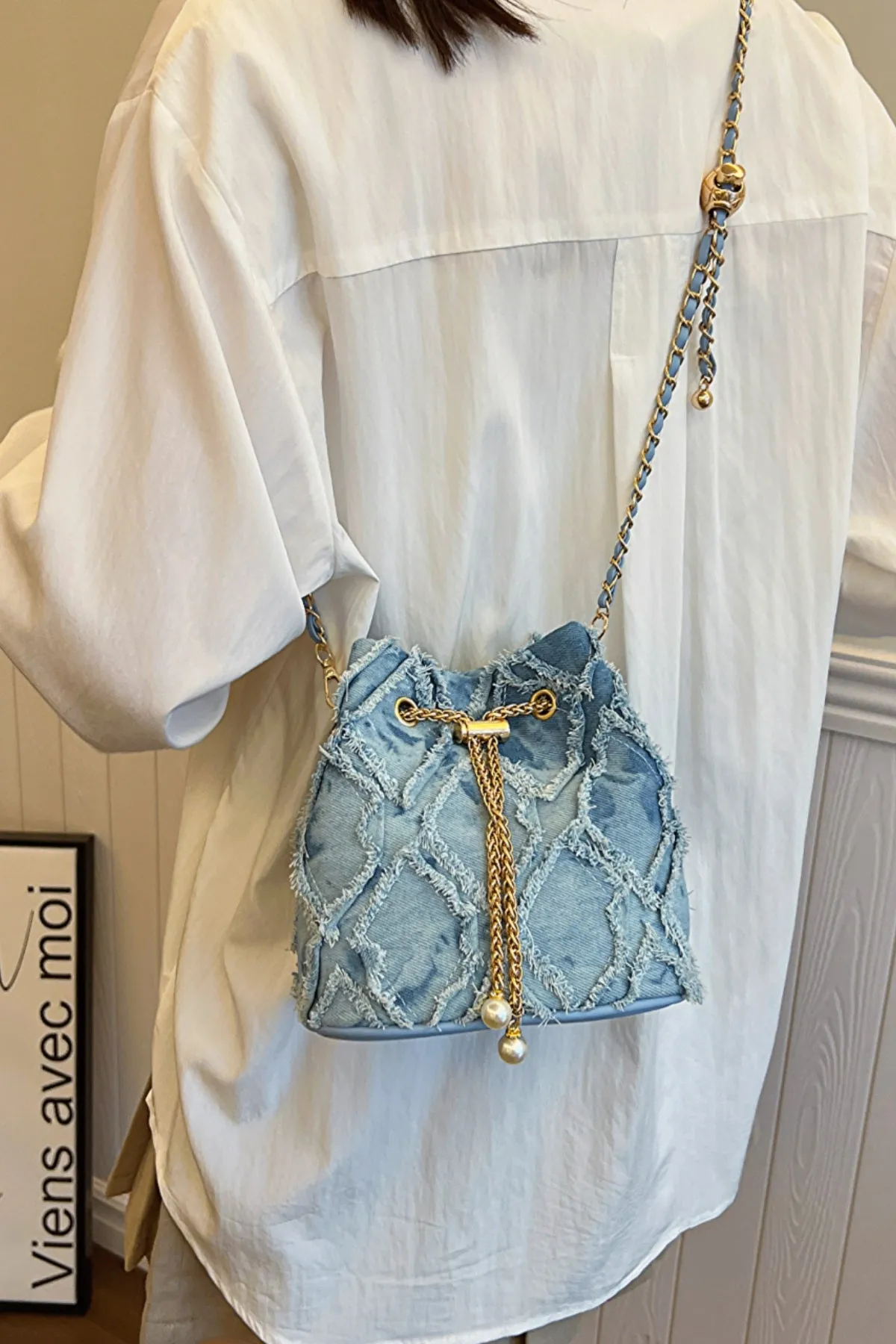 Drawstring Chain Denim Bucket Bag- 4 Color Options