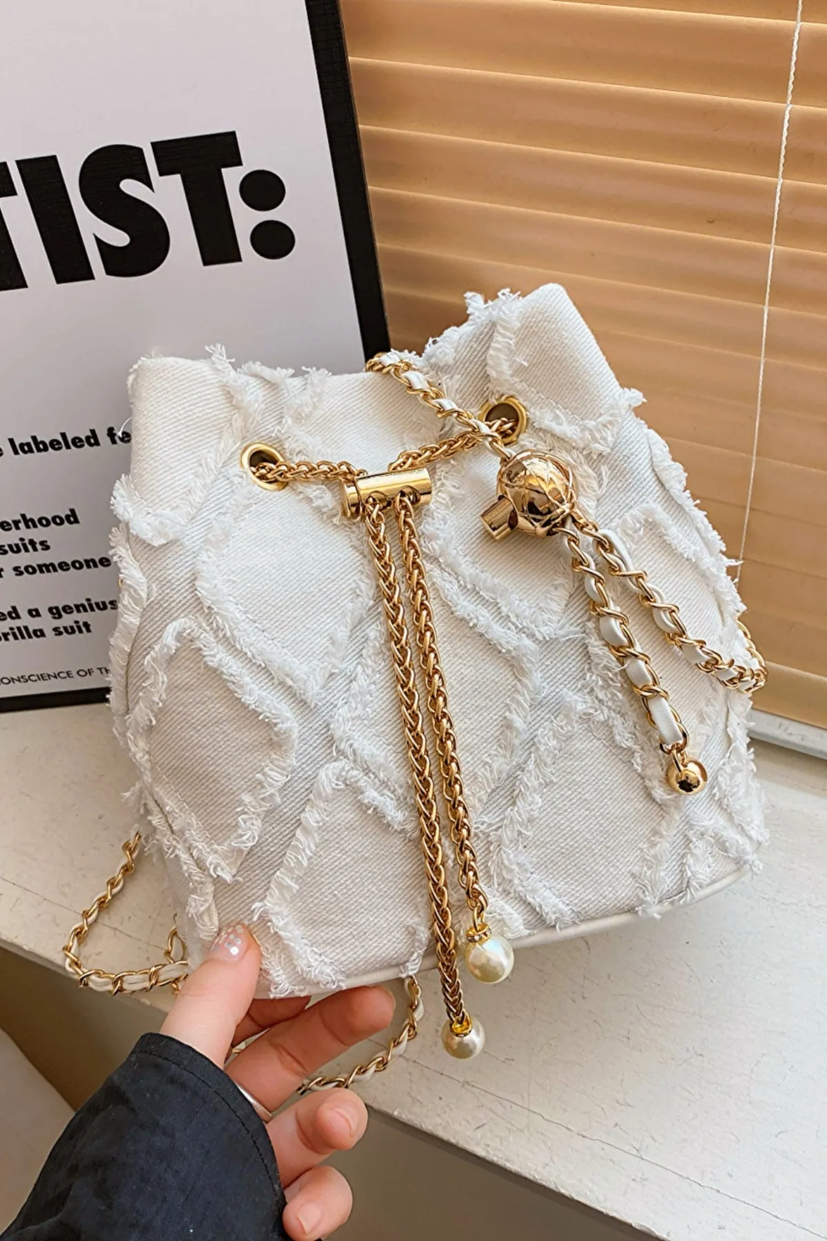 Drawstring Chain Denim Bucket Bag- 4 Color Options