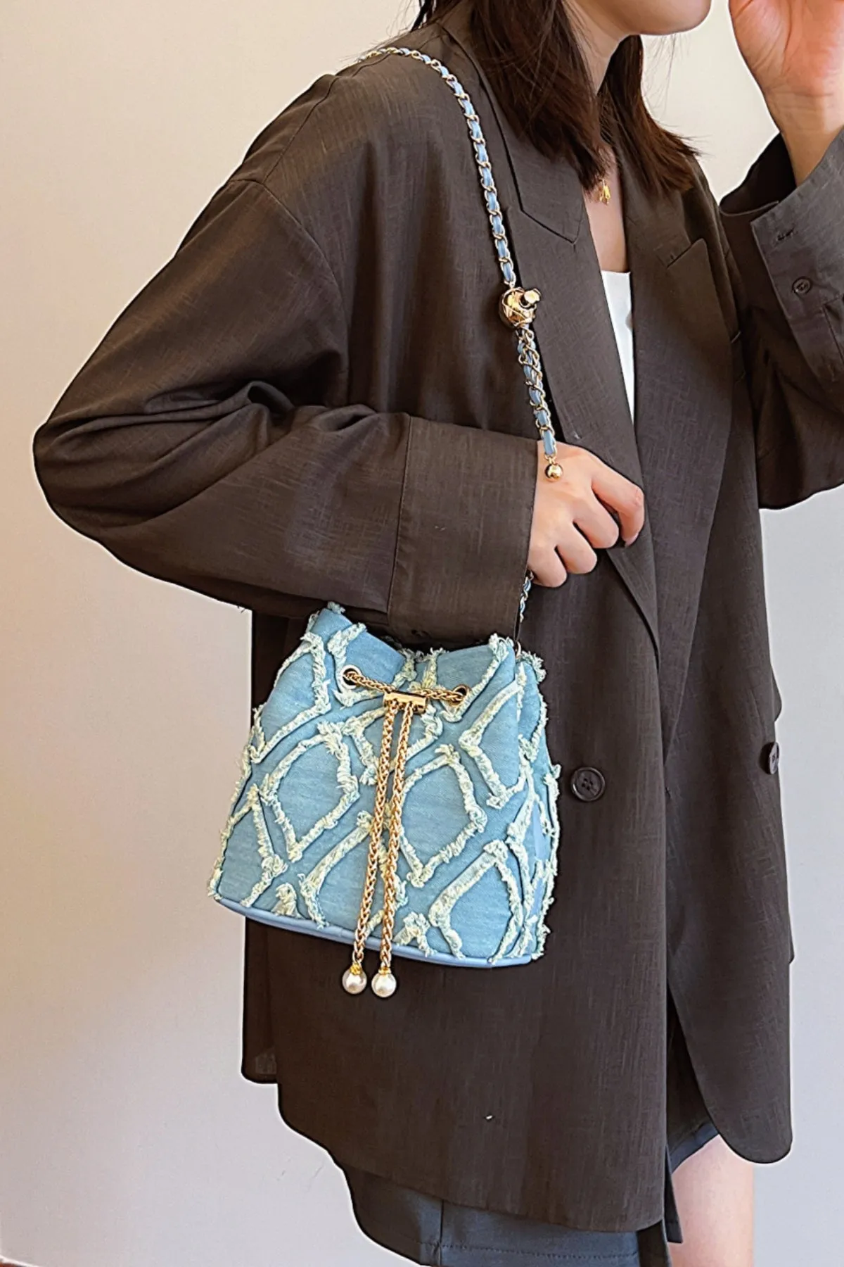 Drawstring Chain Denim Bucket Bag- 4 Color Options