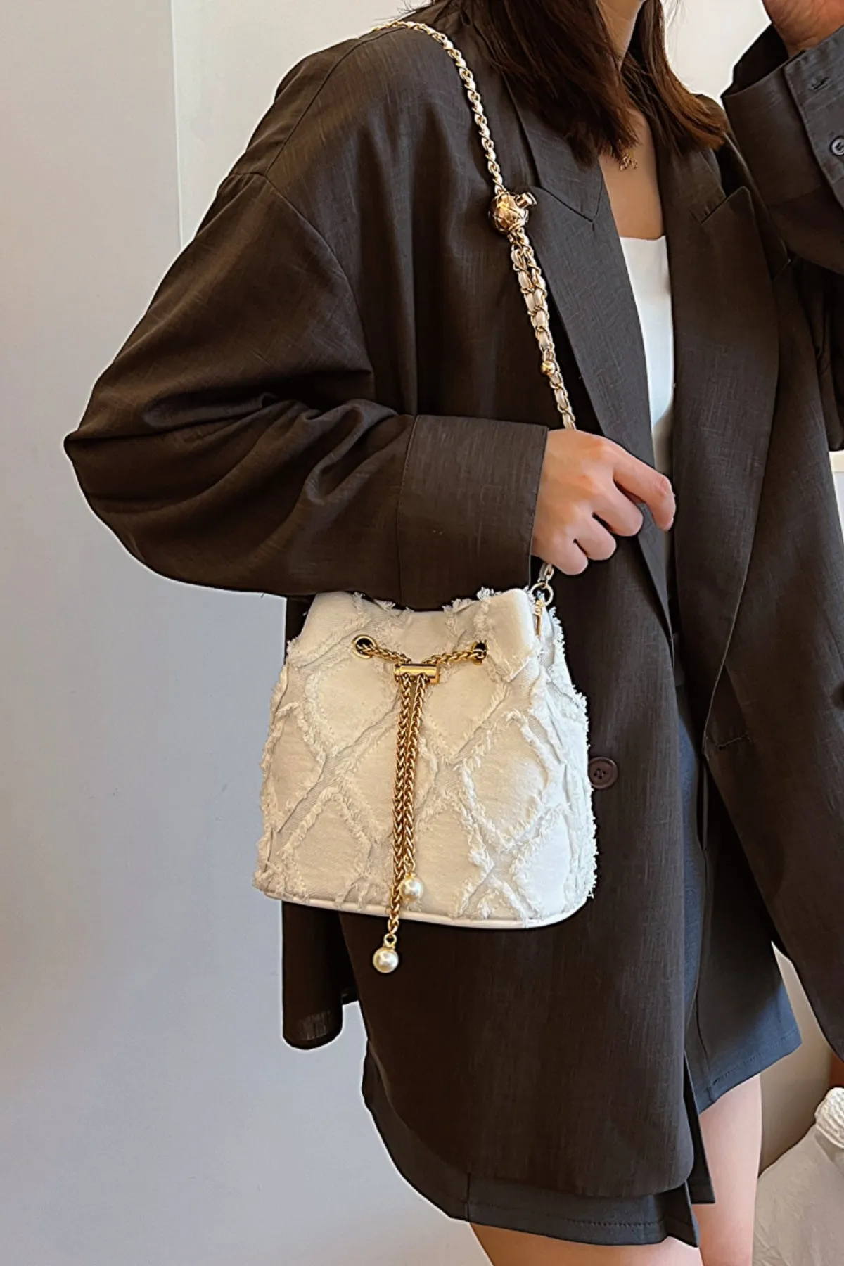 Drawstring Chain Denim Bucket Bag- 4 Color Options