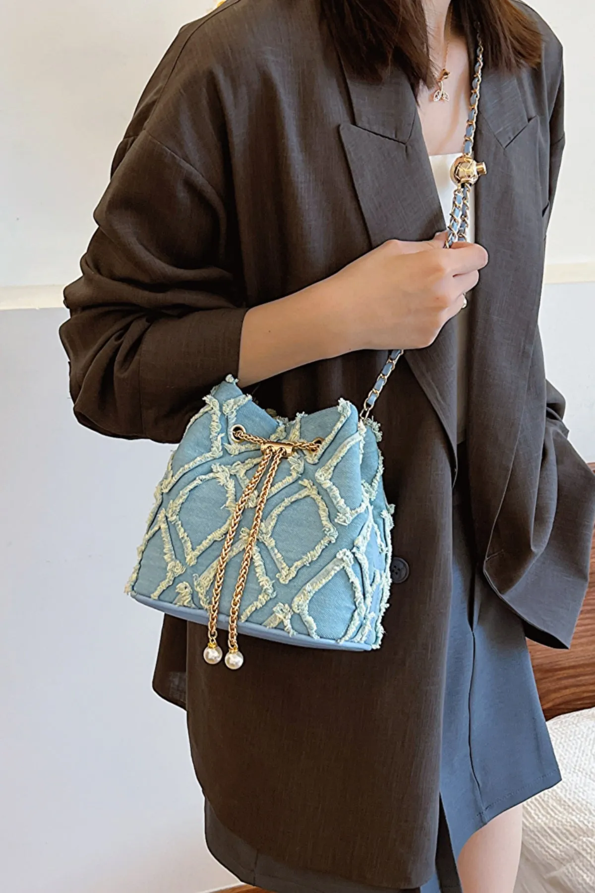 Drawstring Chain Denim Bucket Bag- 4 Color Options