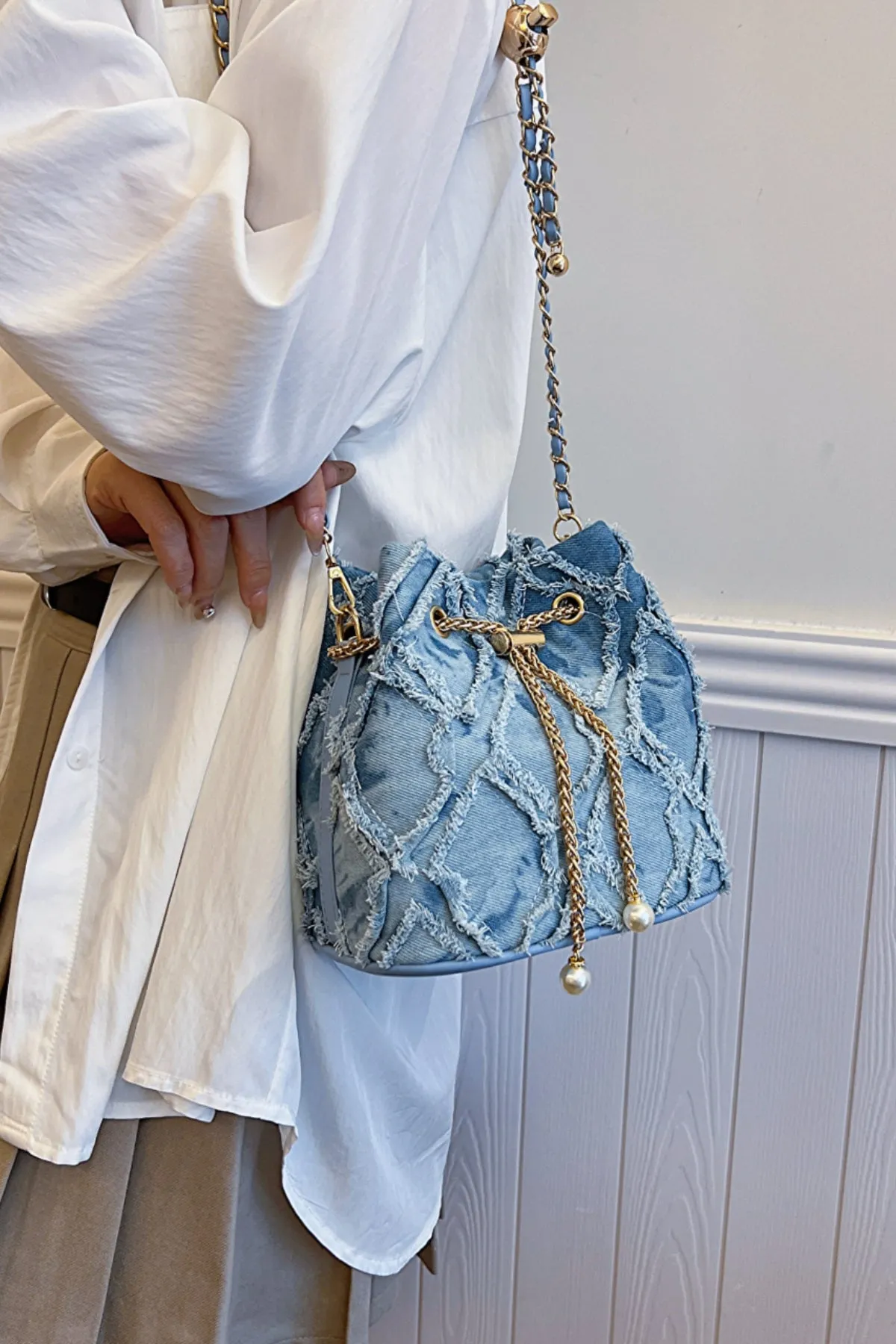 Drawstring Chain Denim Bucket Bag- 4 Color Options