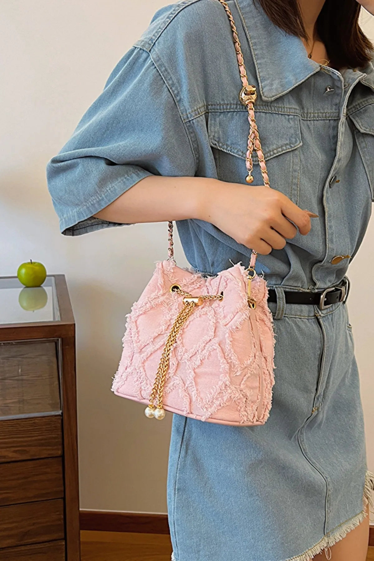 Drawstring Chain Denim Bucket Bag- 4 Color Options