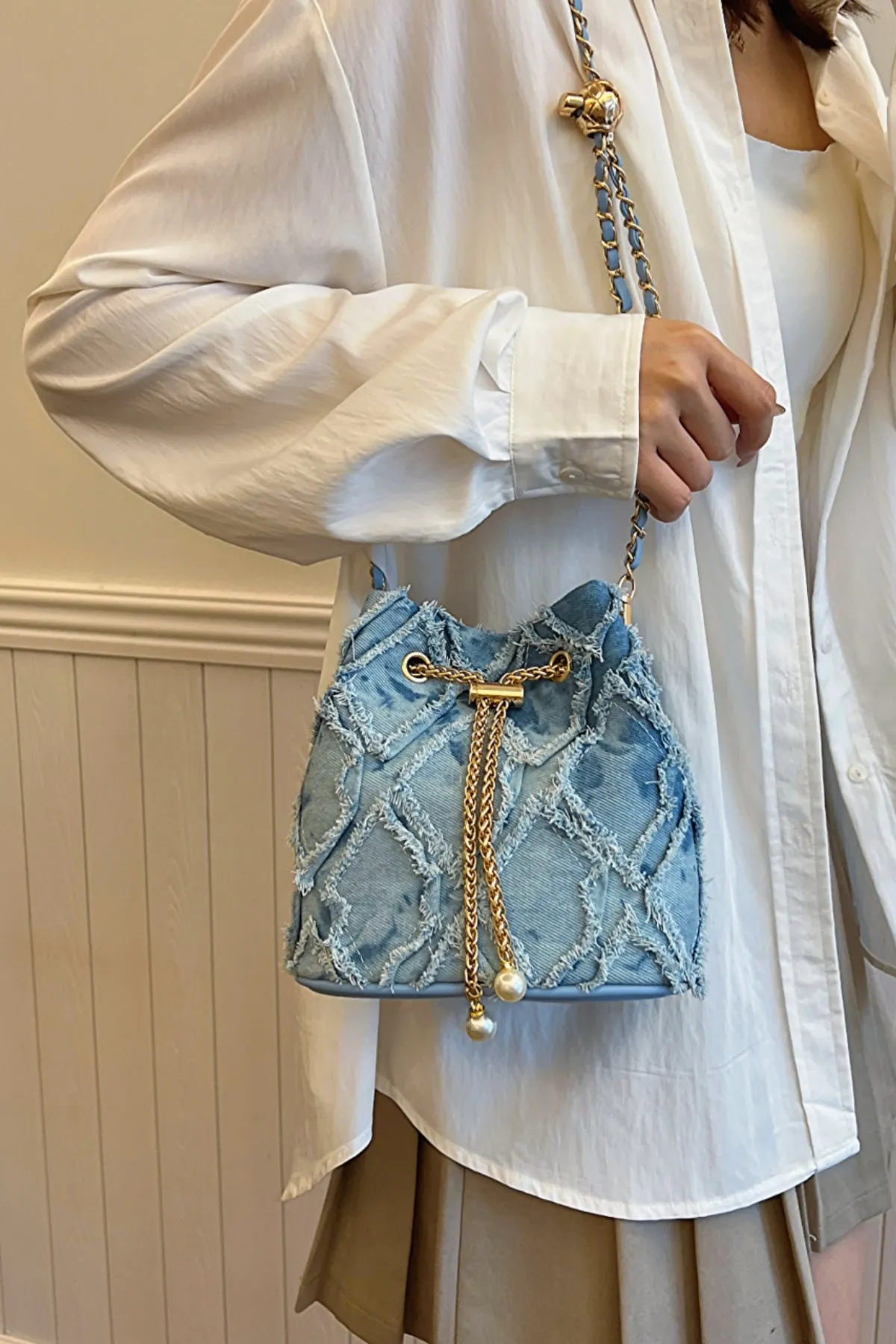 Drawstring Chain Denim Bucket Bag- 4 Color Options