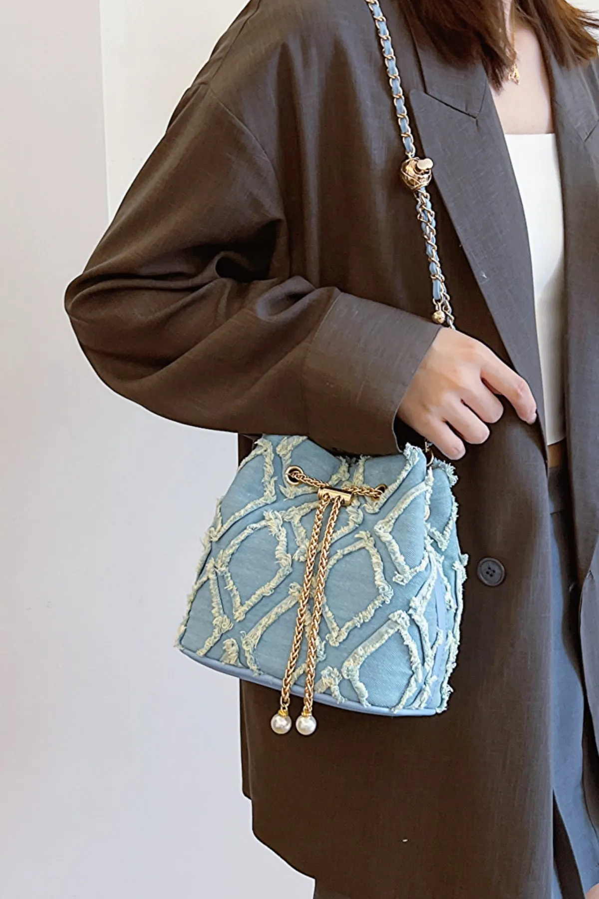 Drawstring Chain Denim Bucket Bag- 4 Color Options