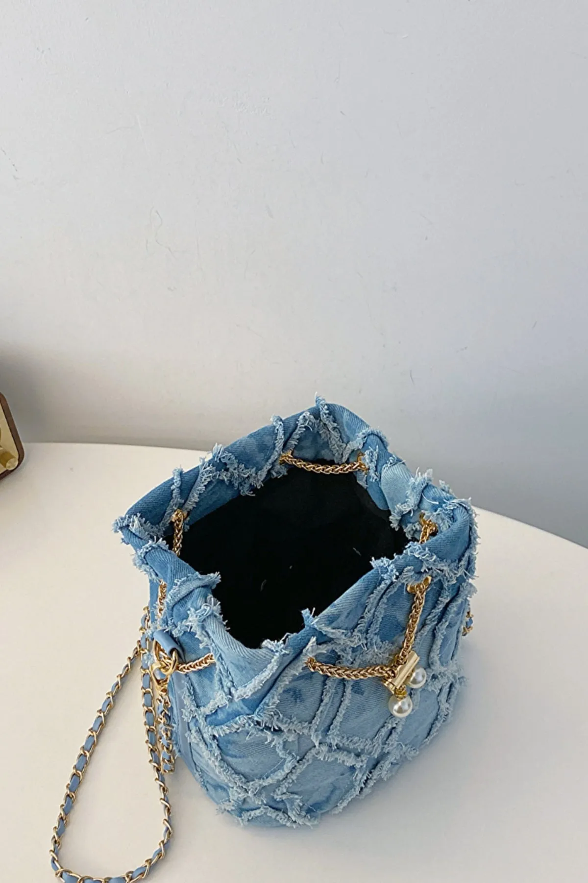 Drawstring Chain Denim Bucket Bag- 4 Color Options