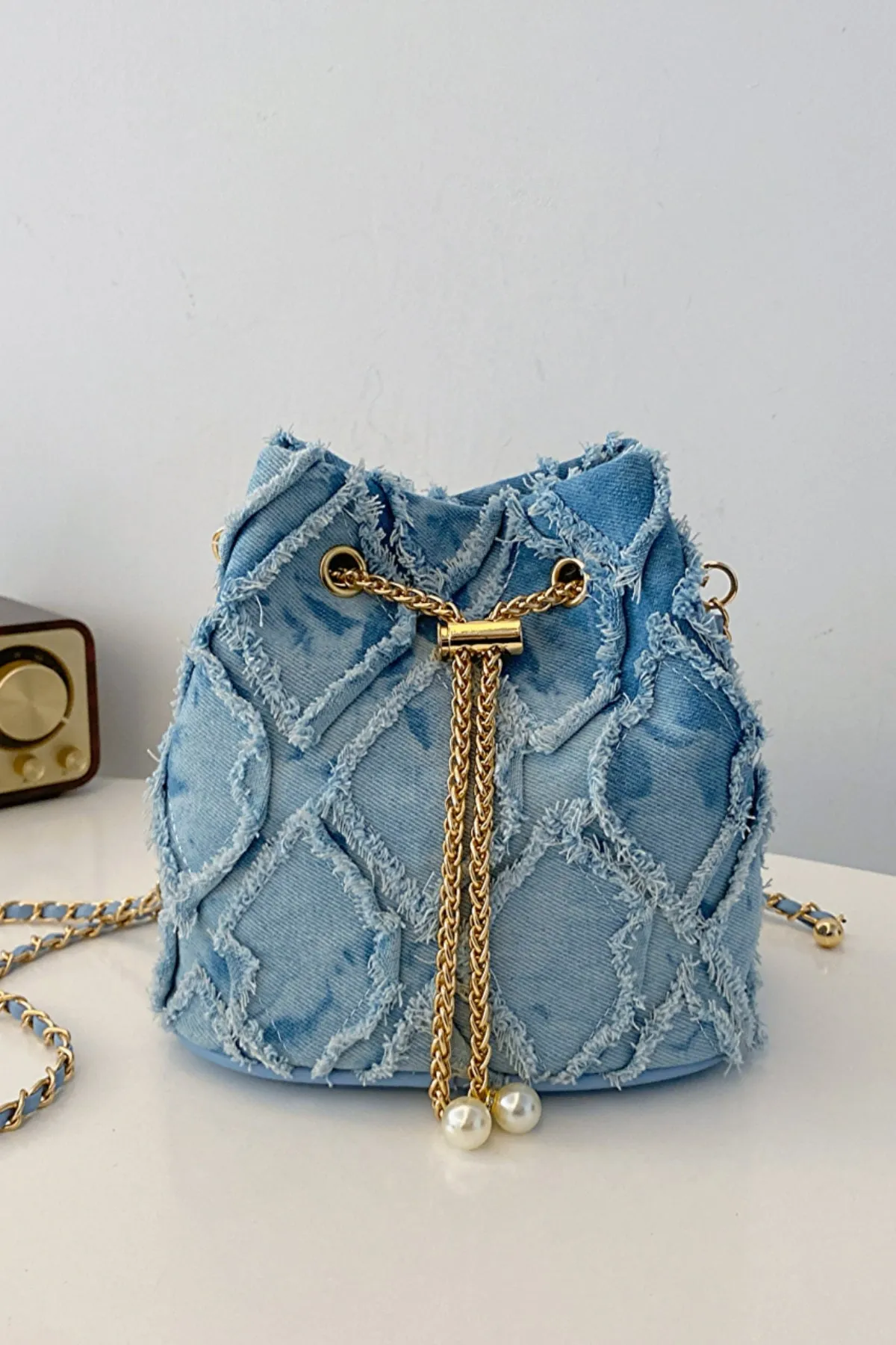 Drawstring Chain Denim Bucket Bag- 4 Color Options