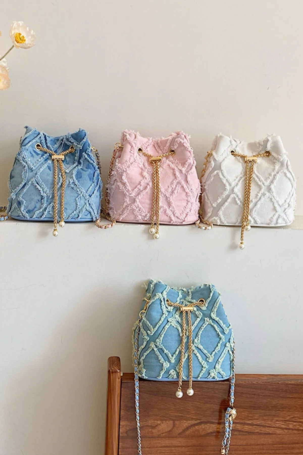 Drawstring Chain Denim Bucket Bag- 4 Color Options