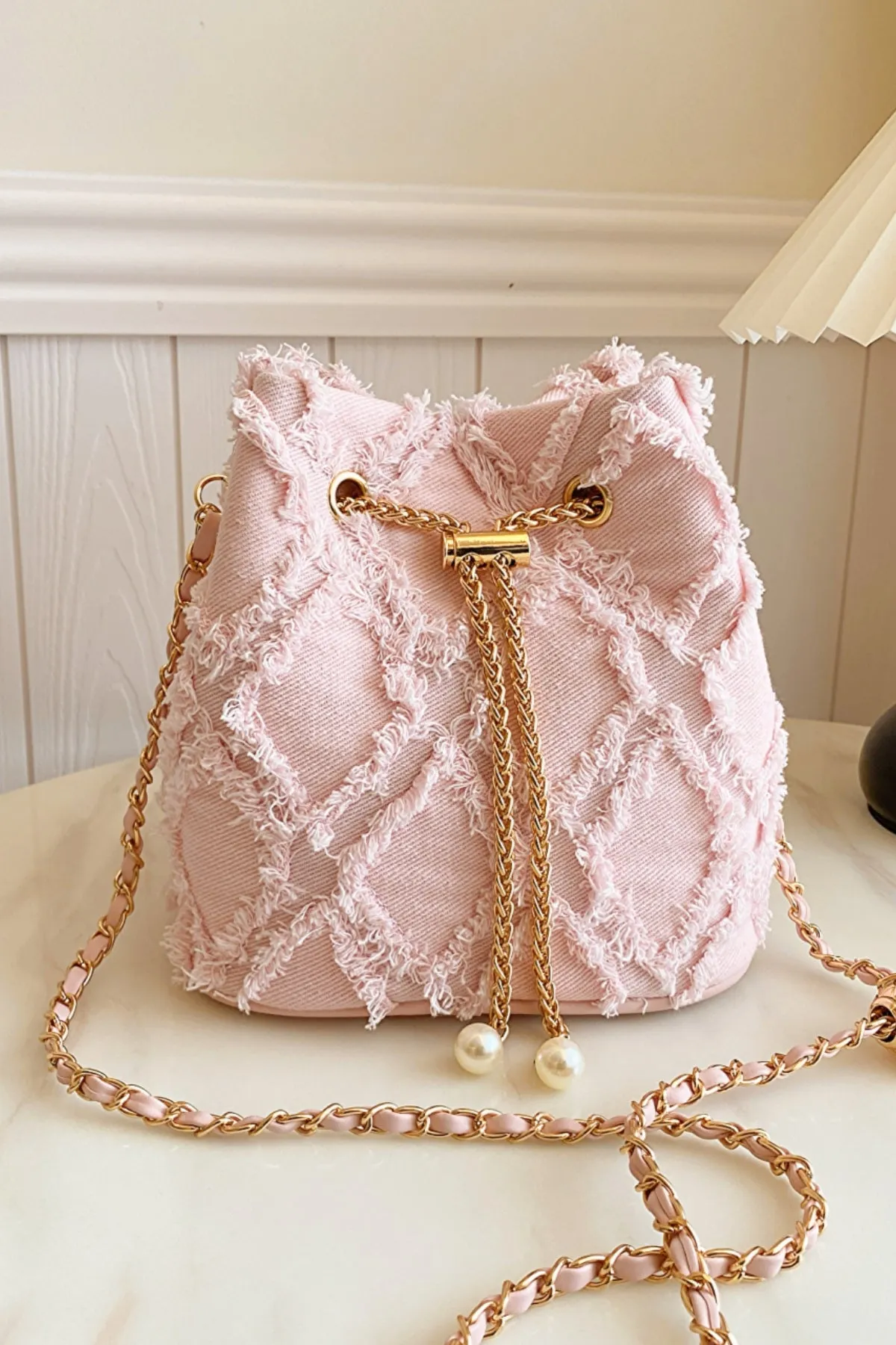 Drawstring Chain Denim Bucket Bag- 4 Color Options
