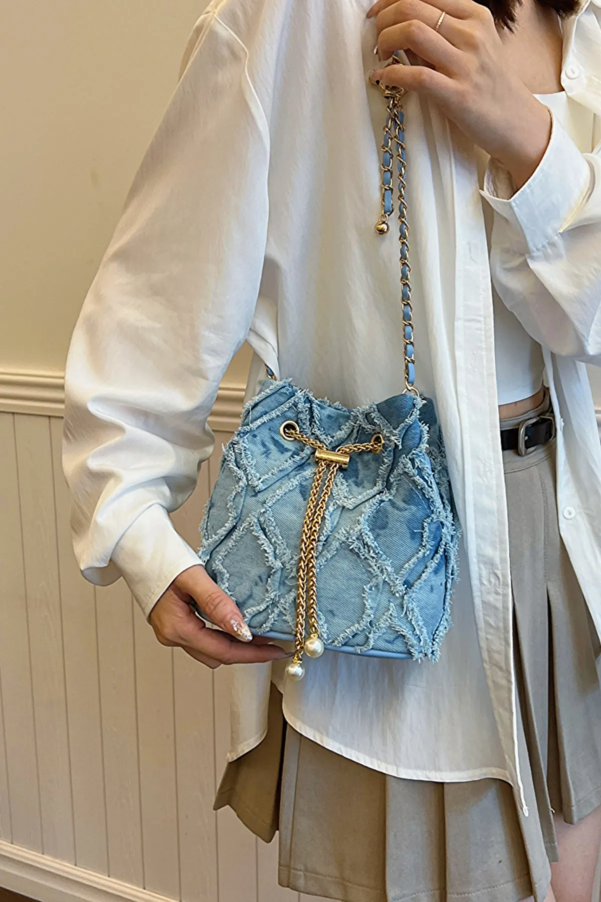 Drawstring Chain Denim Bucket Bag- 4 Color Options