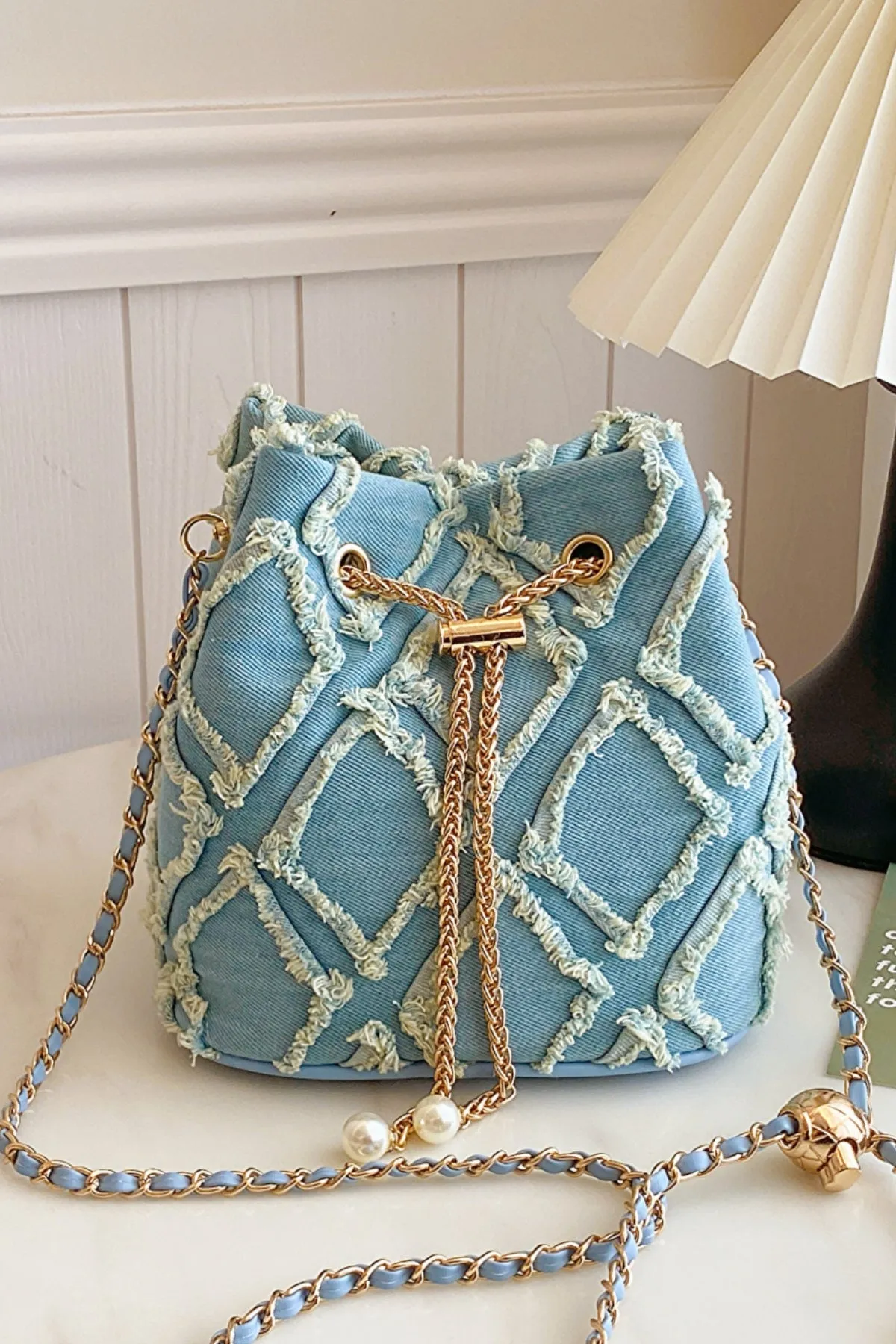 Drawstring Chain Denim Bucket Bag- 4 Color Options