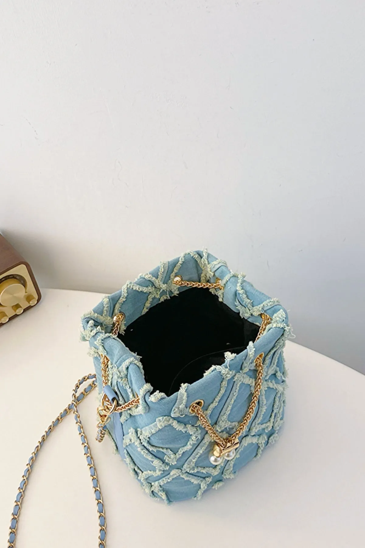 Drawstring Chain Denim Bucket Bag- 4 Color Options