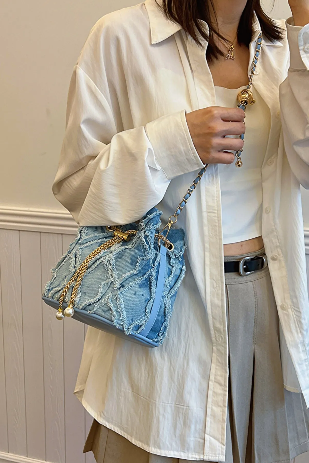 Drawstring Chain Denim Bucket Bag- 4 Color Options