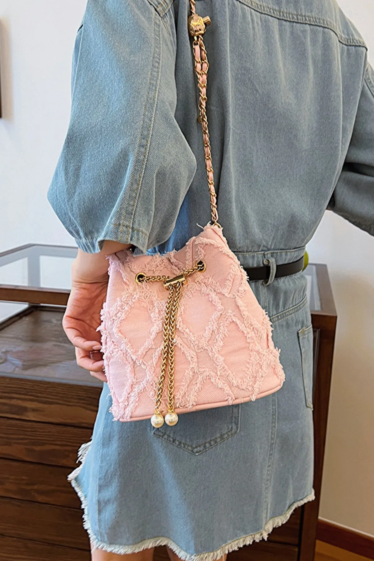 Drawstring Chain Denim Bucket Bag- 4 Color Options