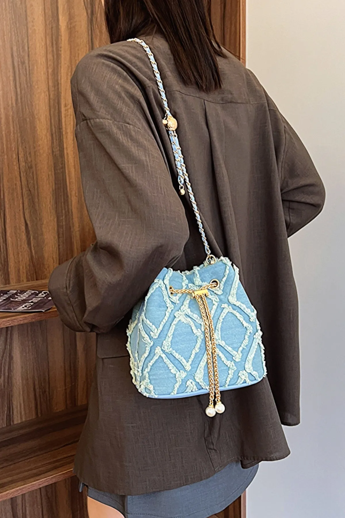 Drawstring Chain Denim Bucket Bag- 4 Color Options