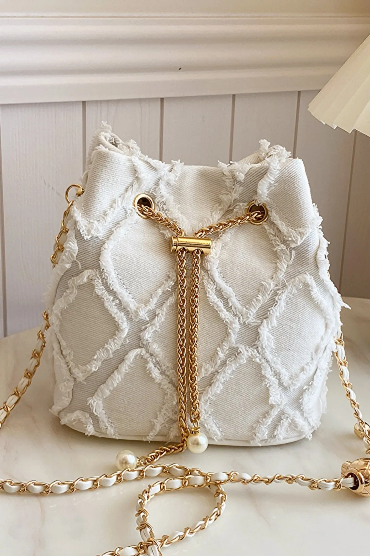 Drawstring Chain Denim Bucket Bag- 4 Color Options