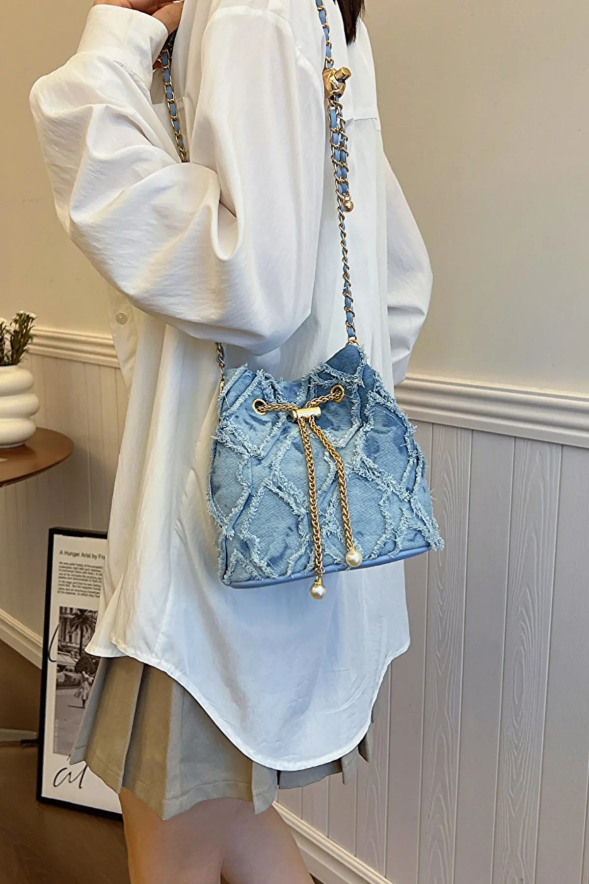 Drawstring Chain Denim Bucket Bag- 4 Color Options