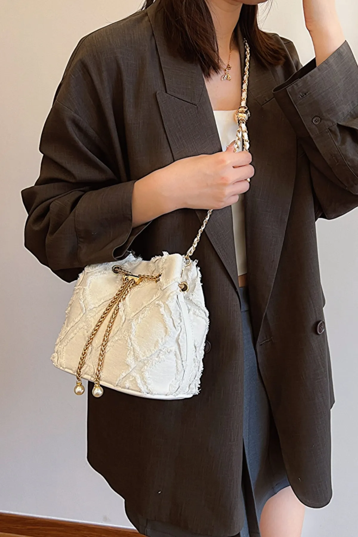 Drawstring Chain Denim Bucket Bag- 4 Color Options