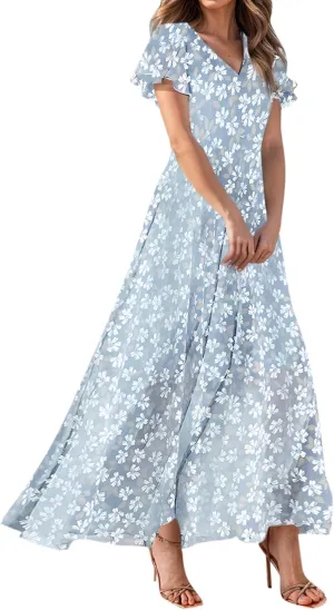 Dresses for Church Women 2025 Maxi Dress Summer Wrap Floral Ruffle Sleeve Chiffon Wedding Dress Boho