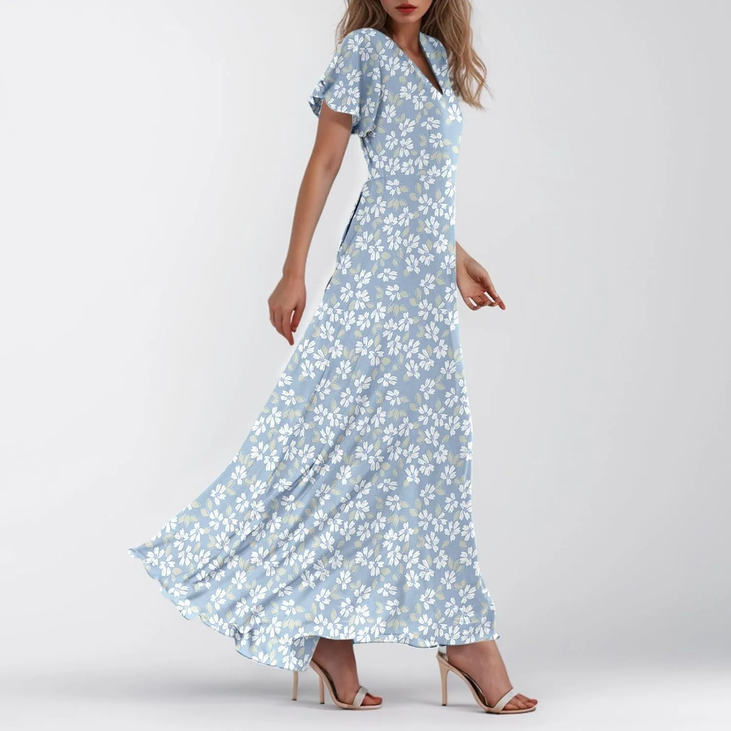 Dresses for Church Women 2025 Maxi Dress Summer Wrap Floral Ruffle Sleeve Chiffon Wedding Dress Boho