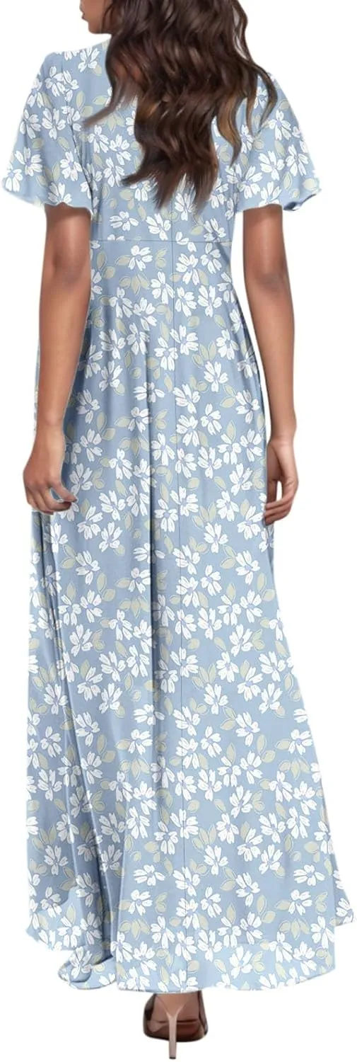 Dresses for Church Women 2025 Maxi Dress Summer Wrap Floral Ruffle Sleeve Chiffon Wedding Dress Boho